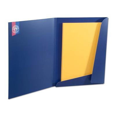 Blaue Laschenmappe mit gelben Inhaltsblatt