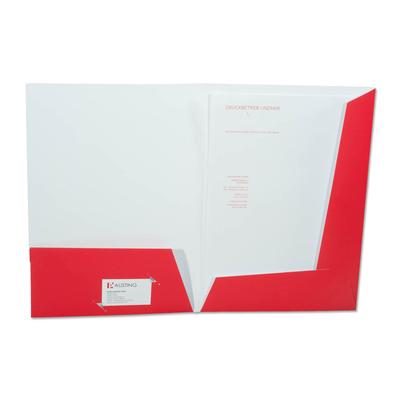 Weiße Mappe mit roten Laschen und Tasche